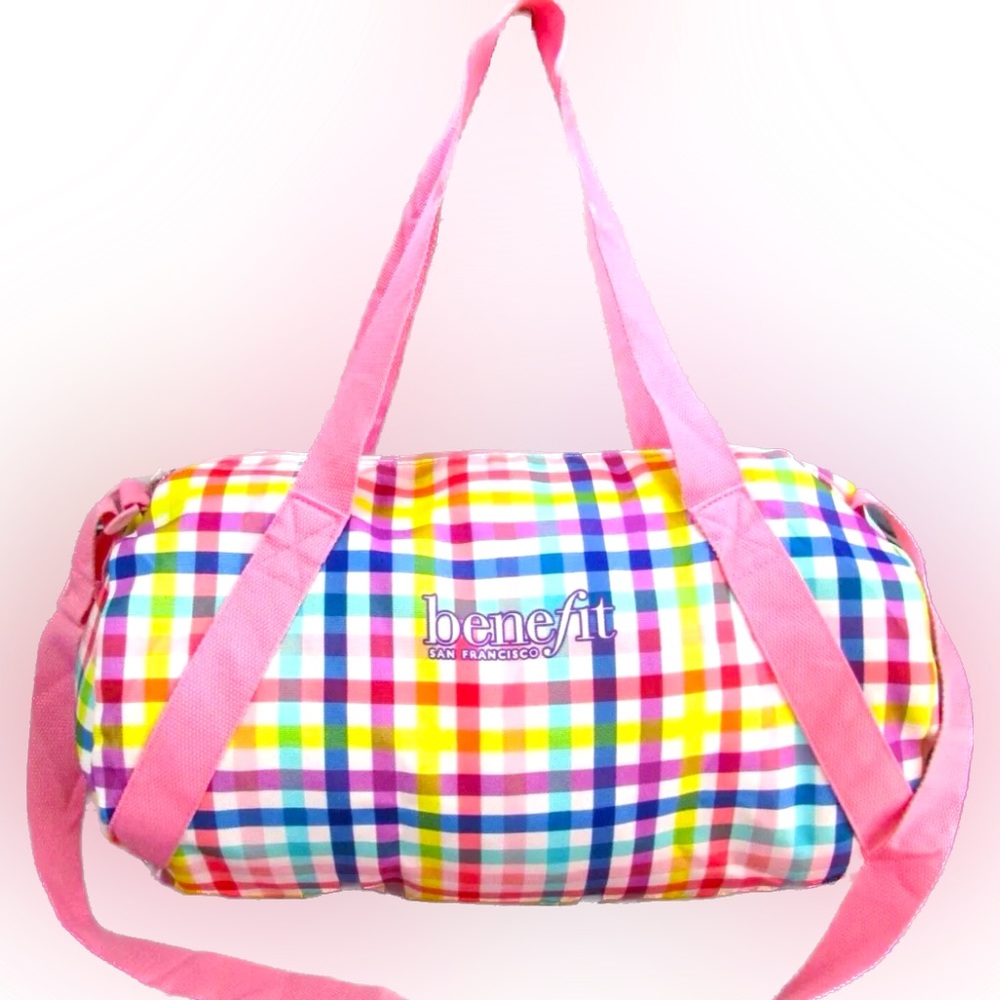 Benefit San Francisco Colorful Pink Plaid Duffle Bag (Bag of Tricks) 🩷 - Picture 7 of 7